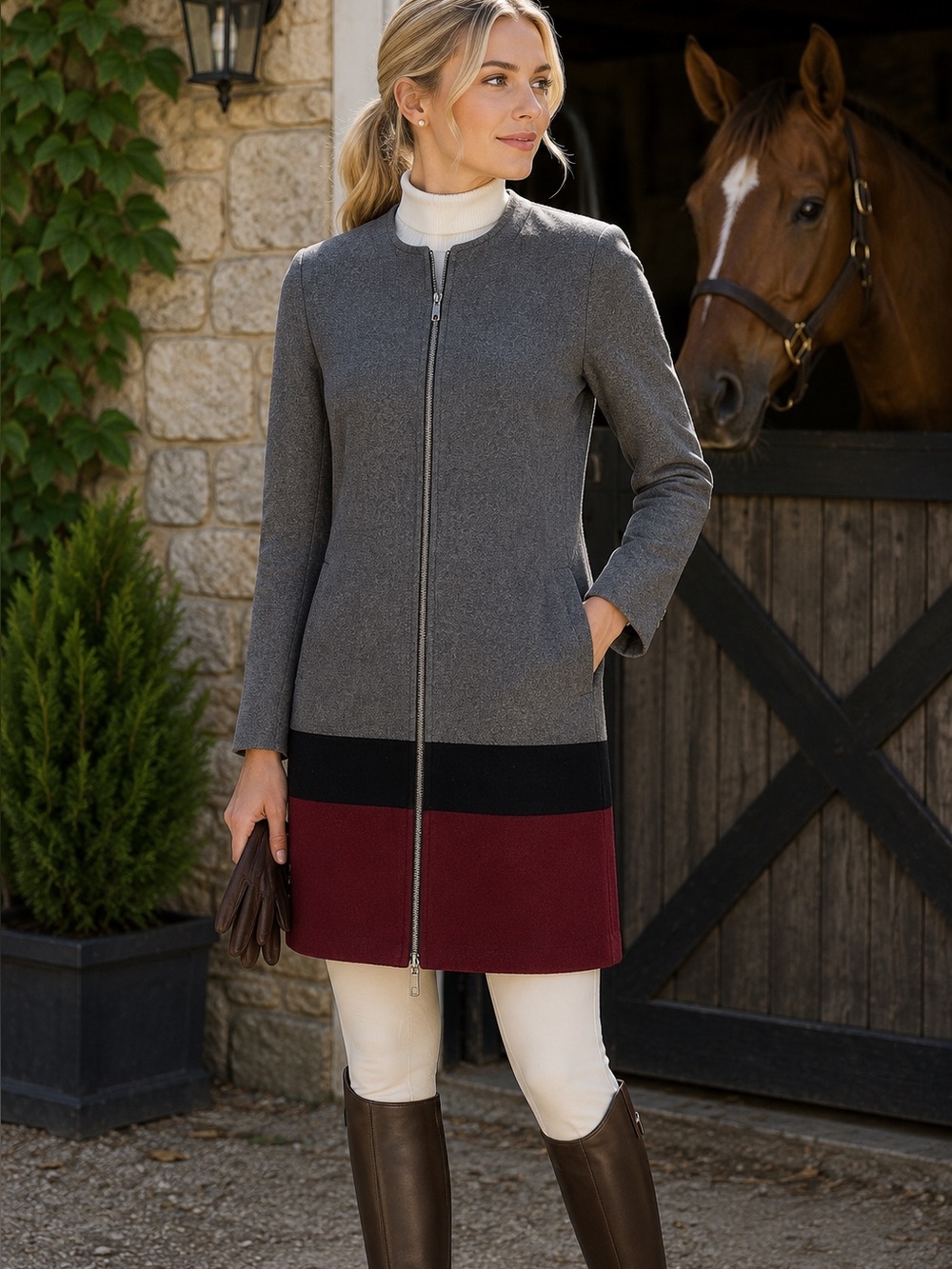 CUPCAKES AND CASHMERE Gray and Burgundy Wool Color Blocked Pea Coat, XS